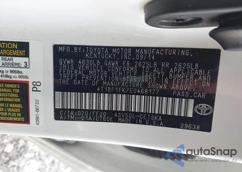 2014 Toyota Camry Se Sport z USA, uszkodzony, nr VIN 4T1BF1FK7EU468177